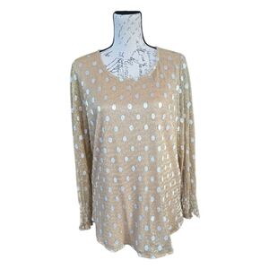 Adrianna Papell Metallic Gold Silver Polka Dot Long Sleeve Blouse M